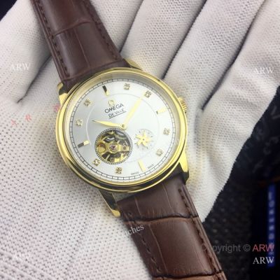 Copy Omega De Ville Tourbillon Watches Gold Case Silver Dial